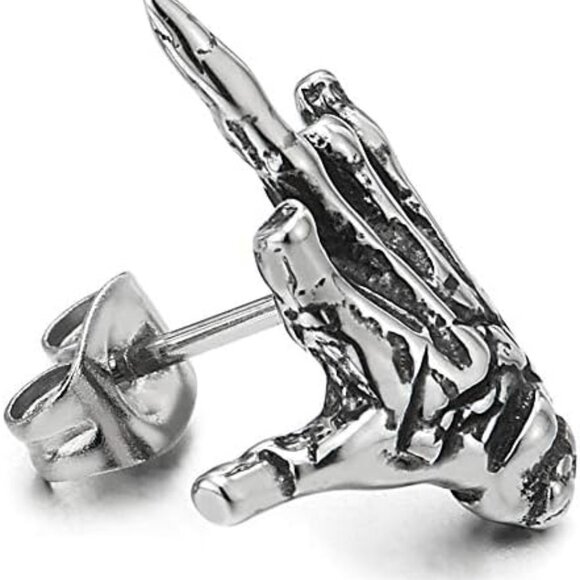 Mens Womens Stainless Steel Vintage Hand Skeleton Bone Stud Earrings, Screw Back - Picture 3 of 7